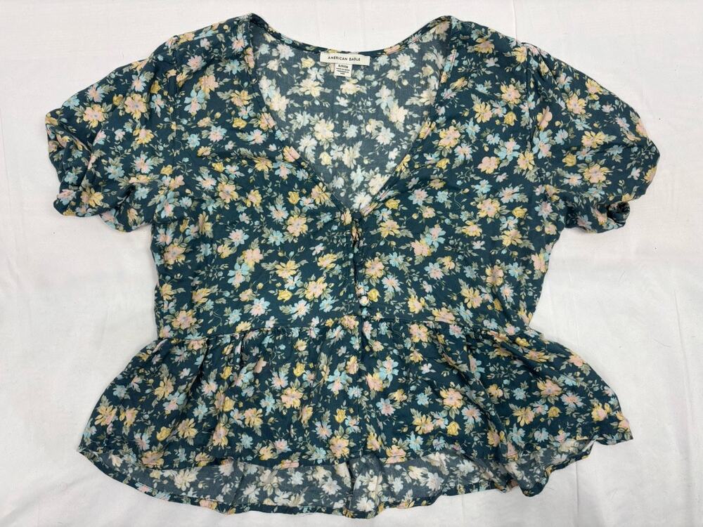 American Eagle Green Blue Floral V Neck Blouse Puff Sleeve Peplum Size S